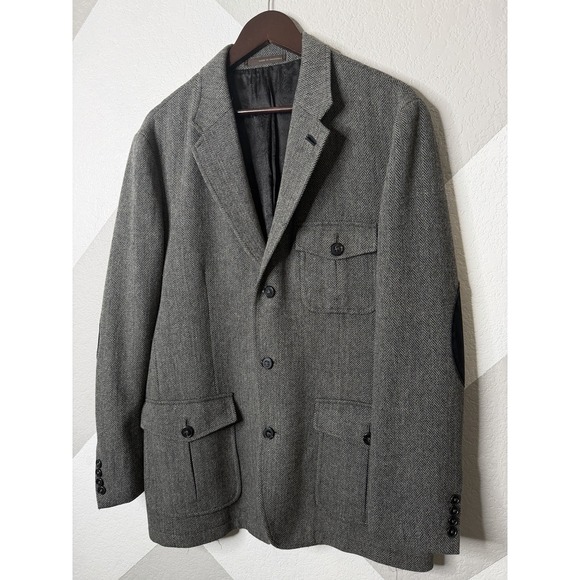 Tasso Elba Men's Gray Herringbone Wool Blend Blazer Coat Elbow Patches L 42-44 - Picture 2 of 16